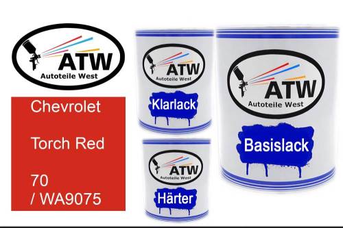 Chevrolet, Torch Red, 70 / WA9075: 1L Lackdose + 1L Klarlack + 500ml Härter - Set, von ATW Autoteile West.